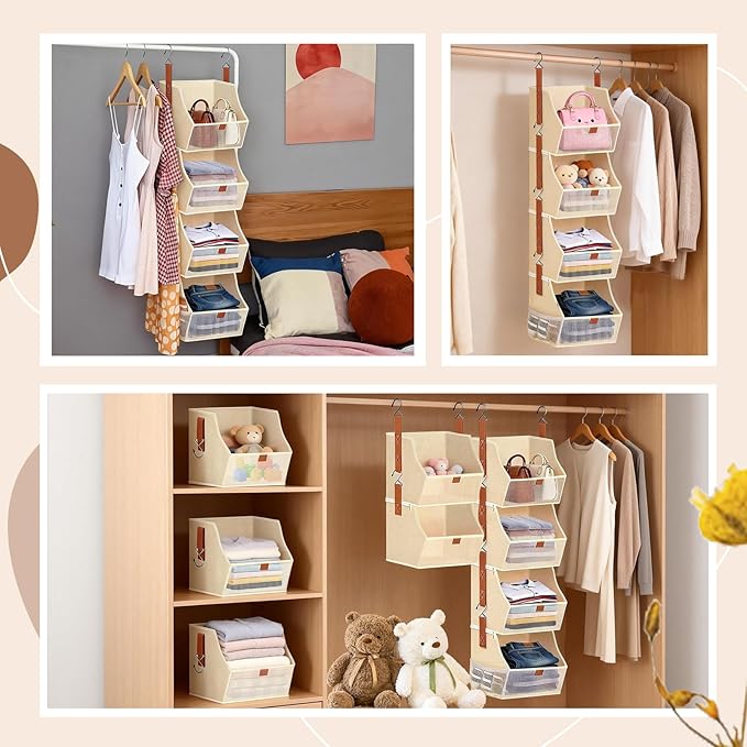 Fabric 4 Tier Hanging Closet Organizer Heavy Duty Beige Shelf Hanging Storage Towel Clothes Sweater Jeans Bag Organizer For Closet For Bedroom, Dorm, RV, See Through Front Panel, Space-Saving