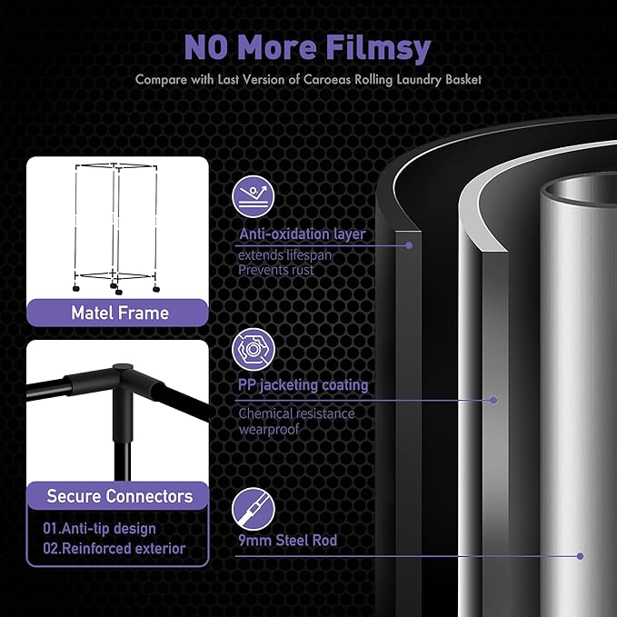 Caroeas Next-Gen 105L Matel Frame Laundry Basket with wheels, Heavy Duty Tall Rolling Laundry Hamper with Removable Wash Bag, Collapsible Freestanding Clothes Hamper (100L,Black,1Pack)