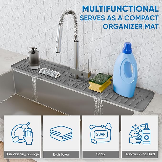 24 Inch Longer Faucet Mat for Kitchen Sink, Silicone Sink Faucet Mat Splash Guard 5° Slope Premium Kitchen Sink Splash Faucet Guard, Fast Self-Draining Mat (Grey)