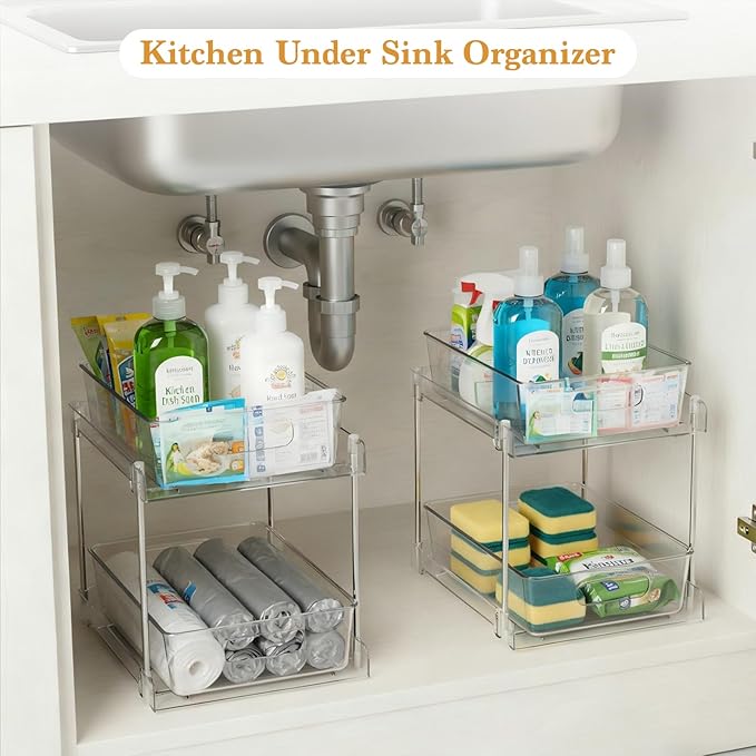 1 Pack 2-Tier Bathroom Organizers and Storage, Clear Under Sink Organizer Vanity Countertop Storage Pantry Organizers, Pull-Out Cabinet Organizer With Track For Bathroom, Kitchen, Pantry