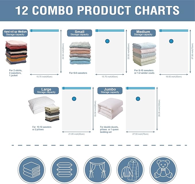 Cozy Essential 12 Pack Vacuum Storage Bags, Space Saver Bags (2 Jumbo/2 Large/2 Medium/2 Small/4 Roll) Compression for Comforters and Blankets, Pillow, Bedding, Sealer Clothes Storage