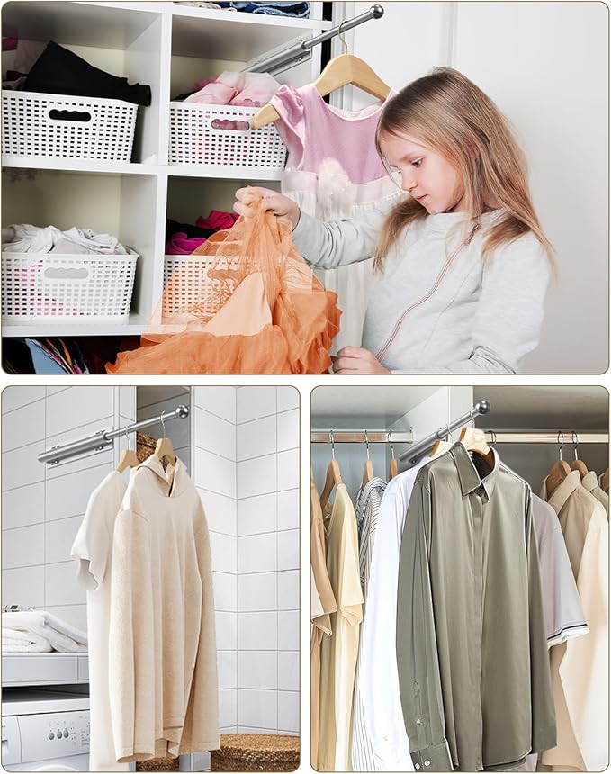 Valet Rod for Closet Pull Out, Retractable Slide Out Valet Rod Closet Organization, 12" Aluminum Valet Clothing Hanger Rods Perfect for Suits, Freshly Pressed Clothes, Matte Silver