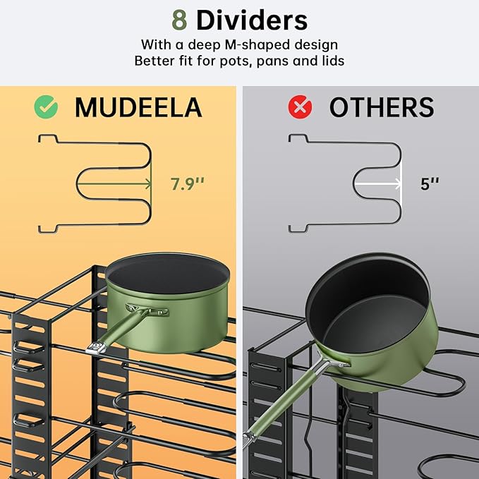 MUDEELA Pots and Pans Organizer Rack for under Cabinet, 8-Tiers Adjustable Pot Rack with 3 DIY Methods, Expandable 11.65'' to 19" Pot Lid Organizer for Kitchen Pantry Cabinet Organization and Storage