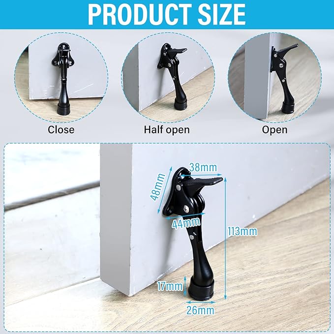Moxweyeni 6 Pieces Heavy Duty Door Stops for Bottom of Door Metal Kickdown Doorstop with Adjustable Rubber Tips Spring Replacements Doorstop (Black)