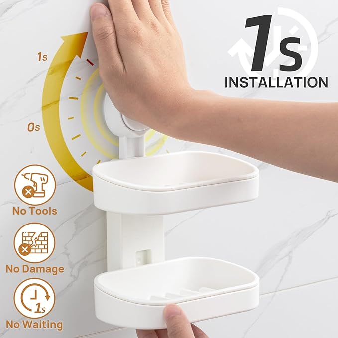 LEVERLOC Soap Dish Holder for Shower Double Layer Suction Cup Wall Mounted NO-Drilling Self Draining Removable Waterproof Strong Suction Bar Soap Sponge Holder for Shower Bathroom Bathtub Kitchen