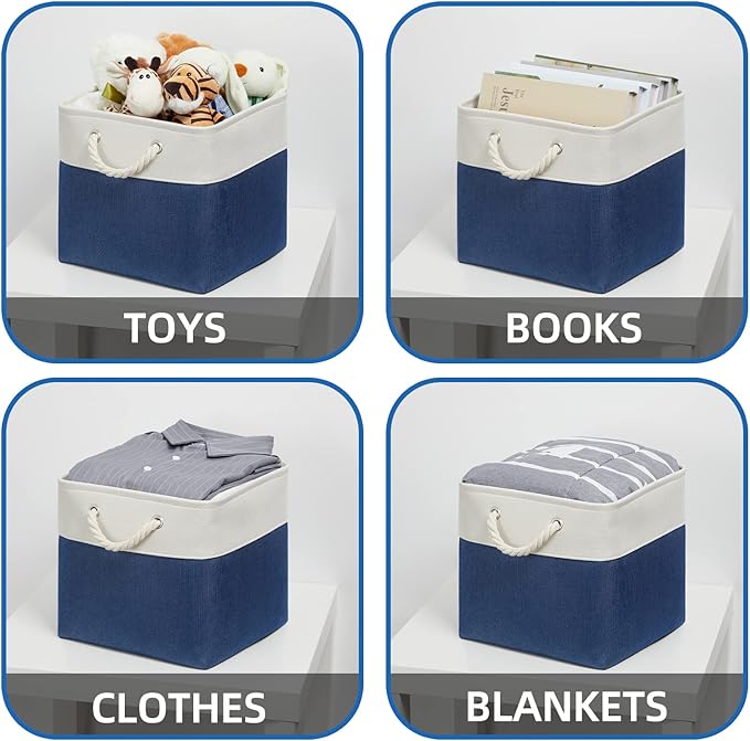 Temary Storage Baskets for Shelves 13x13 Baskets for Gifts Empty, 4 Pack Shelf Baskets Large Storage Baskets Cube Storage Bins Fabric Storage Cubes with Handles for Shelves (White&Blue)