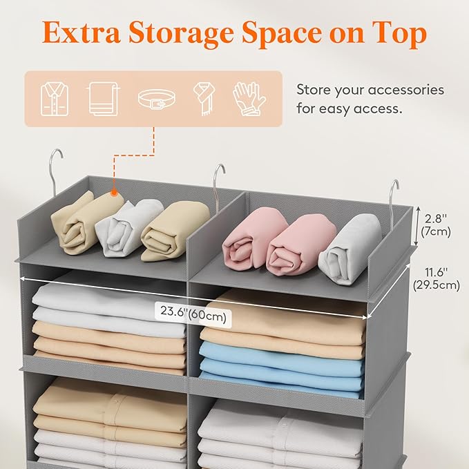 Lifewit Dual-Row Shelf Hanging Closet Organizer and Storage, Clothes Shelves with 3 Sturdy Hooks for Clothing Organization, Foldable Container Hold Up to 36 Sweaters, 6 Tier 12 Sections, Light Gray