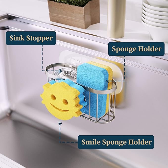 Consumest Sponge Holder Smiley Face - Kitchen Sink Caddy, Sink Organizer with Removable Suction Cups & Adhesive Strips, Suit for Sponge, Soap, Sand Nickel