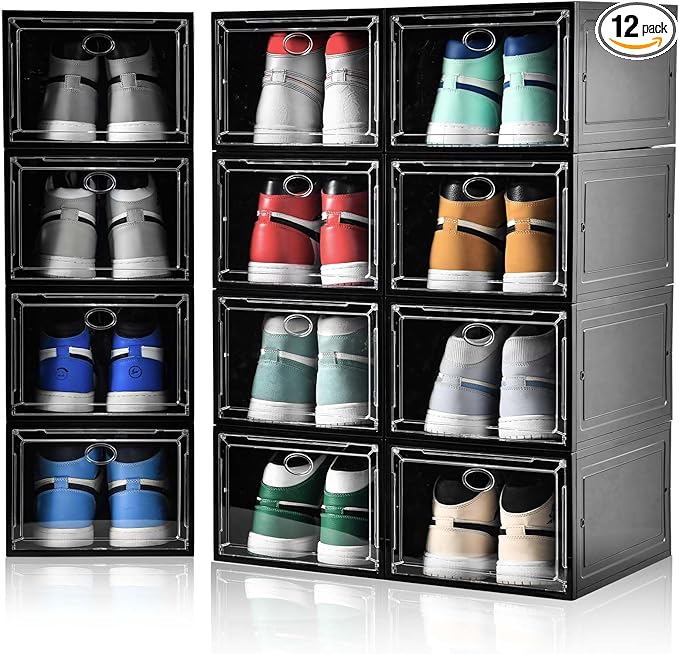 Amllas 12 Pack Shoe Boxes Stackable,Upgraded Sturdy Shoe Storage Boxes with Clear Magnetic Door,Multifunctional Sneaker Storage, Shoe Box Organizer Fit up to US Size 12 Gray(13.8”x 9.84”x 7.1”)
