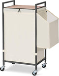 Laundry Hamper with Rustic Brown Lid & Wheels; 96L Large Rolling Laundry Basket with Removable Oxford Liner Bag; Tall Freestanding Dirty Clothes Hamper with Side Pocket; Metal Frame Laundry Cart
