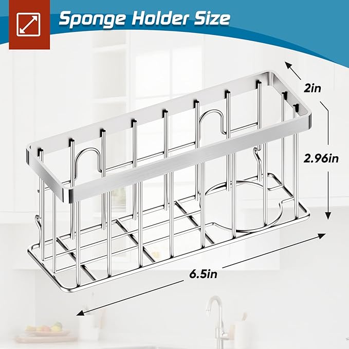 Sponge Holder for Kitchen Sink,Sink Caddy Organizer with Suction Cups/Adhesive Strips,Dish Sponge Holder Design for Sponges,Scrubber,Stoppers-Silver