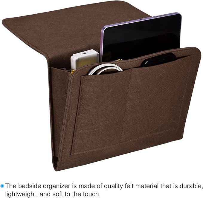 PATIKIL 11in Bedside Caddy, Bed Caddy Bedside Organizer Hanging 5 Pocket Soft Bed Pockets Bedside Storage Organizer Remote Control Holder for Bedroom Phones Glasses, Dark Brown