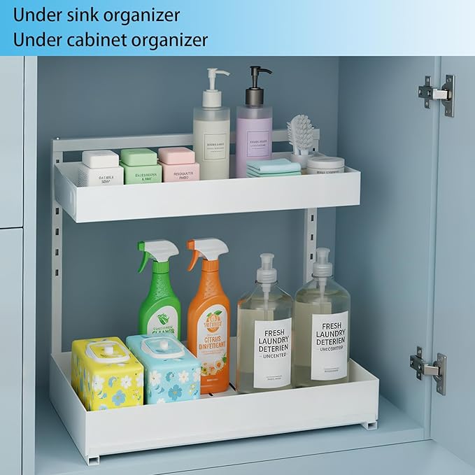 Under Sink Organizer, Bathroom Counter Organizer, 2 Pack 2 Tier L-Shape White, Adjustable Height Carbon Steel, Under Cabinet Storage with Pull Out Drawer, Use for Kitchen Bathroom Office Shop Laundry