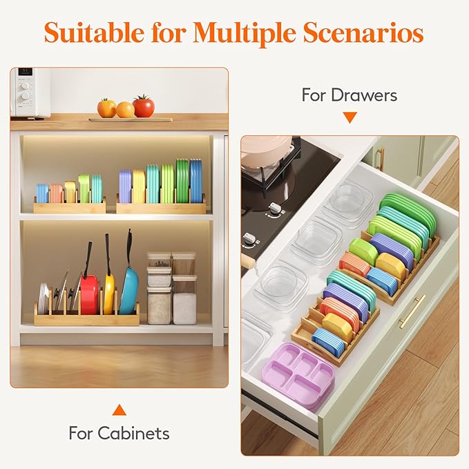 Lifewit Bamboo Lid Organizers for Inside Cabinet, Food Storage Container Lid Holder with 5 adjustable Inserts & 6 Compartments, Lid Storage for Kitchen Pantry Organization, 13.2" X 10"