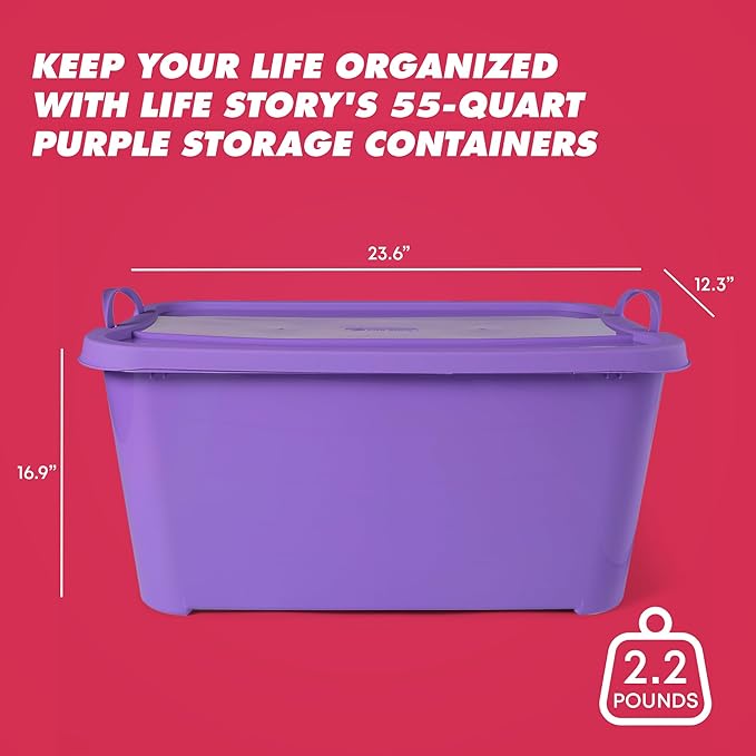 Life Story 12 Pack Light Duty Stackable Storage Bin, 55 Quart Home Organizer, Versatile Lightweight Locking Bins with Carrying Handles, Purple