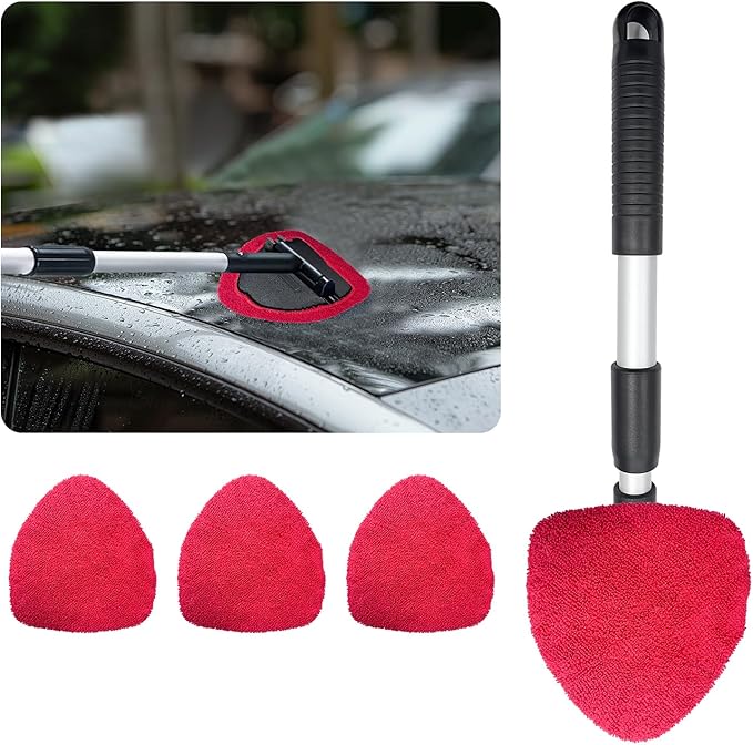 Ziciner Car Windshield Cleaner, Microfiber Auto Cleaning Wiper with Aluminum Extendable Handle and 2 Washable Reusable Cloth Pad Head, Universal Vehicle Interior Exterior Cleaner Kit (Red-Triangle)