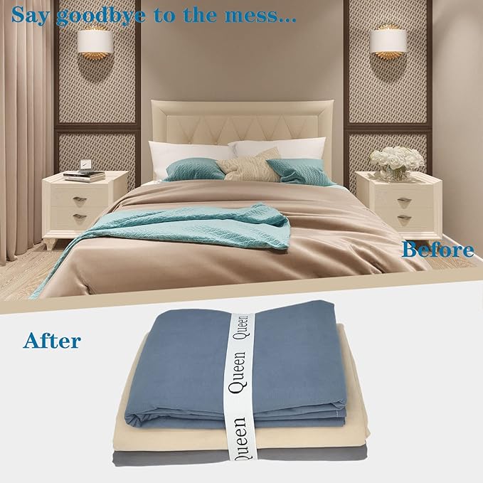 Maletnd 2 Pieces Bed Sheet Organizer Bands, Closet Organization Sheet Straps, Linen Labels Bedding Bands, Elastic Bed Sheet Storage Sheet Keepers (Queen)