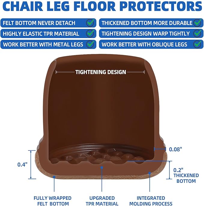 24 Pcs Small Chair Leg Floor Protectors for Hardwood Floors, Upgraded Rubber Chair Leg Caps with Felt Pads, Dark Brown Furniture Leg Covers Protect Floors from Scratches Reduce Noise (Fit 0.75"-1")