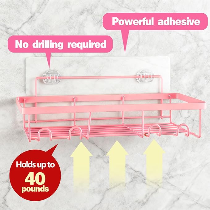 5 Pack Shower Caddy, Pink Stainless Steel Shower Shelves, Adhesive Showers Organizer, No Drilling Rustproof Bathroom Shelves with Soap Holder & Toothbrush Holder for Bathroom Home (Pink)
