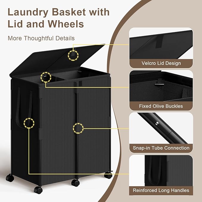 Chrislley 140L Large Double Laundry Hamper with Lid and 6 Wheels, Rolling Laundry Basket with 2 Removable Bags, Heavy Duty Metal Frame Laundry Cart, Dirty Clothes Hamper for Bathroom, Bedroom (Black)
