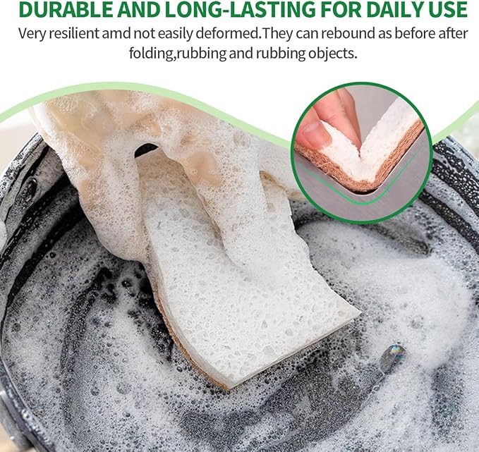 Sponges Kitchen Natural Dish Sponge Plant-Based Biodegradable Compostable Cellulose with Coconut Scrubber Sponge Non Scratch Eco Friendly Kitchen sponges for Kitchen Dishes（Pack of 6）