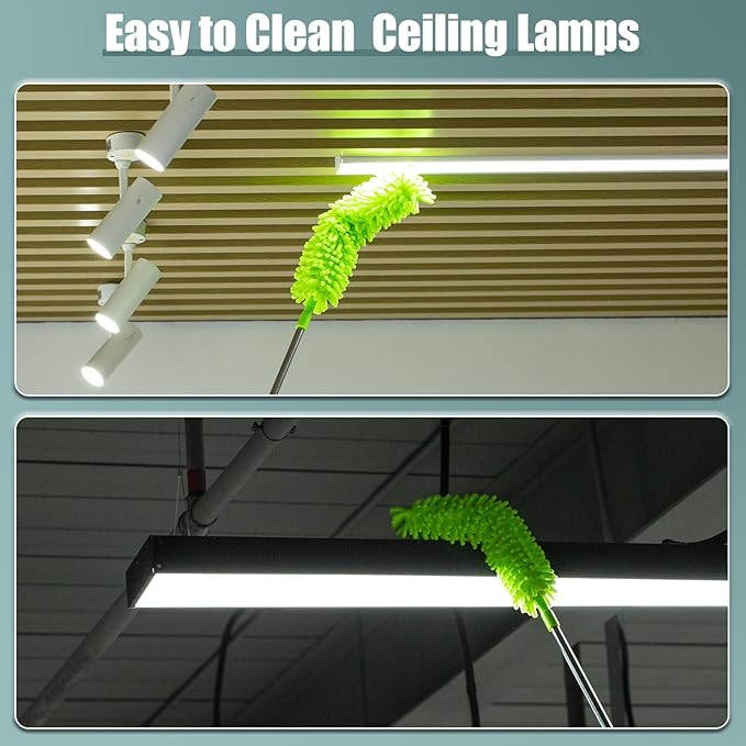Microfiber Duster with Extension Pole 30 to 100'', Bendable Reusable Washable Feather Dusters for Cleaning High Ceiling Fan, Cobweb, Blinds, Keyboard, Furniture & Cars, Green Gift for Women (11 PCS)