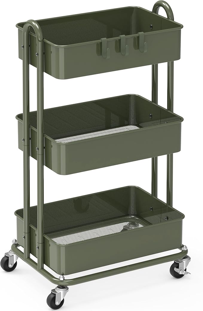 Simple Houseware 3-Tier Heavy Duty Metal Utility Rolling Cart, Army Green
