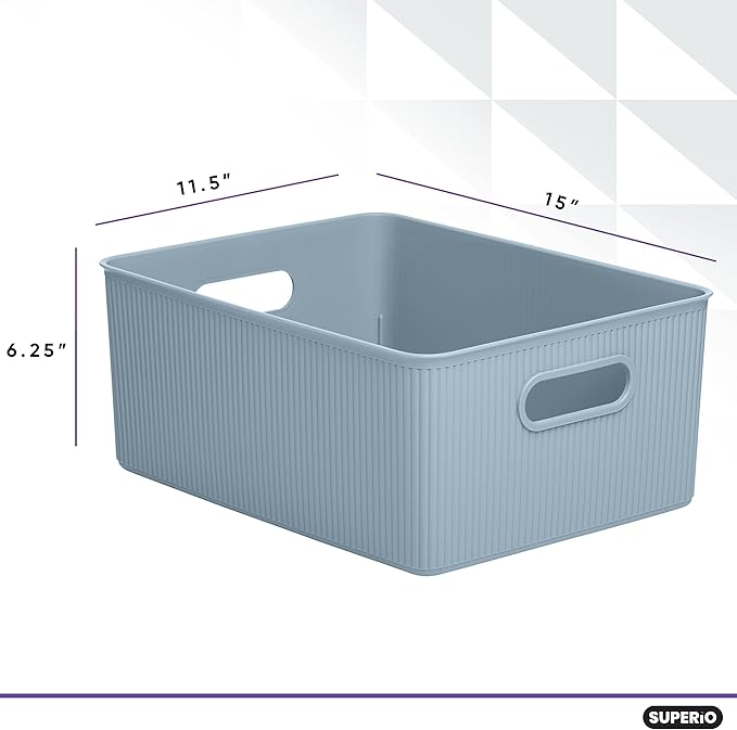 Superio Ribbed Decorative Plastic Home Storage Bins 2 Pack, Blue Organizer Baskets 15 Liter, Boxes for Organizing Closet Shelf (Bin with Lid- Large)