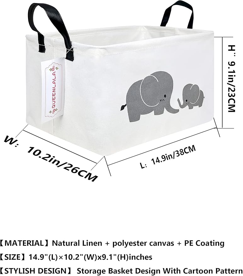QUEENLALA Rectangular Laundry Hamper/Foldable Nursery Laundry Basket for Organizing/Storage Bin Baskets/Children Toy Office Bedroom/Toy Bin Closet Shelf Baskets（Rec-Parent-child elephant）