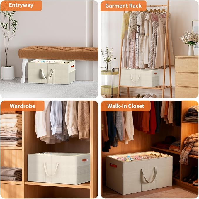 Aokeyee 2 Pack Shoe Organizer for Closet, Large Shoe Storage Box Fits up to 48 Pairs, Space Saving Foldable Shoes Organizer Bin w/Clear Cover and 4 Reinforced Handles, Beige