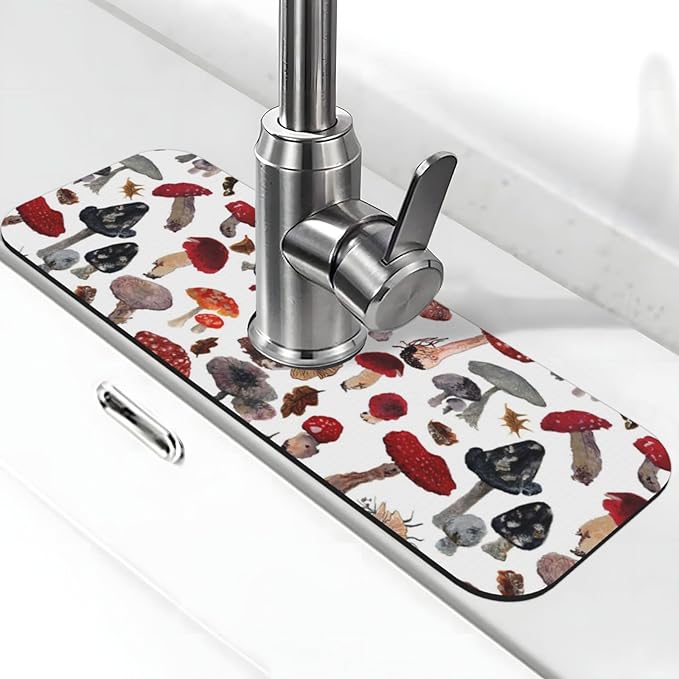 Faucet Draining Mat For Kitchen Sink, Red Mushroom Diatom Mud Absorbent Drain Pad For Bathroom Kitchen Sink Splash Guard Drying Mat