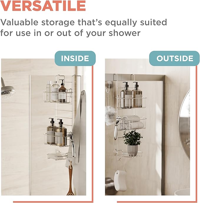 Zenna Home Shower Caddy Hanging Over the Shower Door Organizer, Stainless Steel Rack with 2 Shelves and Built in Hooks, Bathroom Organizer Shelf for Inside Shower, Stainless Steel