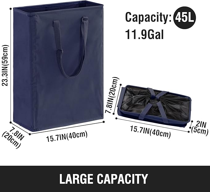 TECHMILLY Slim Laundry Hamper with Adjustable Long Handles, 45L Small Laundry Baskets with Mesh Top, Narrow Dirty Clothes Hamper for Bedroom, Closet, and Bathroom - Navy