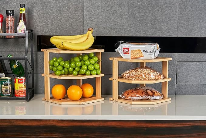 Umilife Plate Organizer for Cabinet, Extra Tall Bamboo Corner Shelf, Dish & Bread Organizer, Spice Rack, Kitchen Bathroom Countertop Storage Organization Space Saver