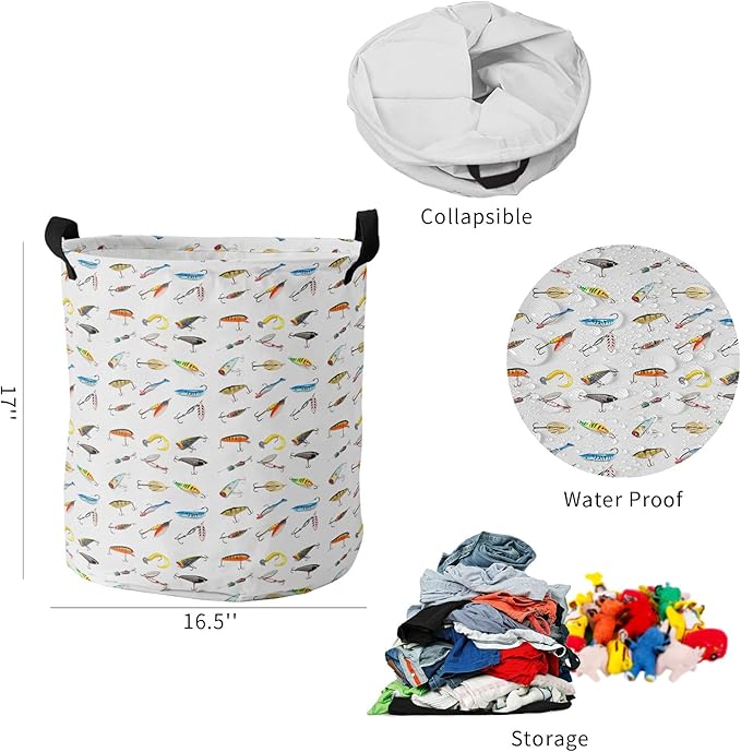 17-inch Laundry Hamper Foldable Laundry Basket, Seaside Fishing Waterproof Clothes Hamper for Bathroom Bedroom Living Room, Various Fish Hook Patterns Toy Baskets for Dollhouse