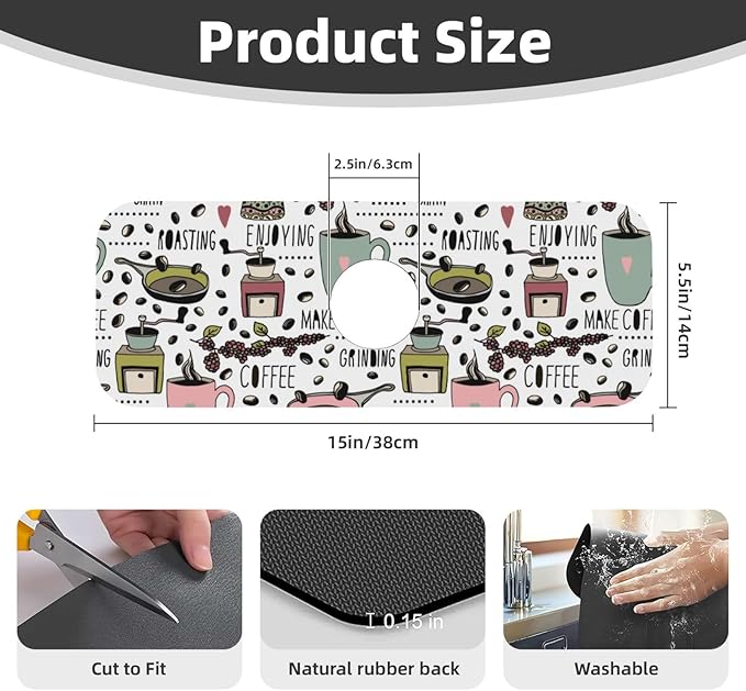 Coffee Coffe Kitchen Sink Splash Guard Faucet Mat Super Absorbent Fast Drying Mat Sink Gadgets-Fast Drying Pad Sink Mat For Kitchen Bathroom (15" X 5.5" )
