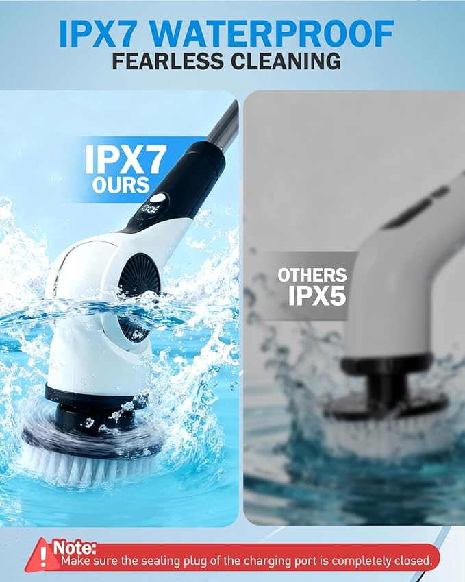 Electric Spin Scrubber, 3-Speed Cordless Shower Scrubber with Long Handle & 10 Replaceable Brush Heads, 90 Mins Runtime & Full-Body IPX7 Waterproof Shower Cleaner Brush for Bathroom Kithchen