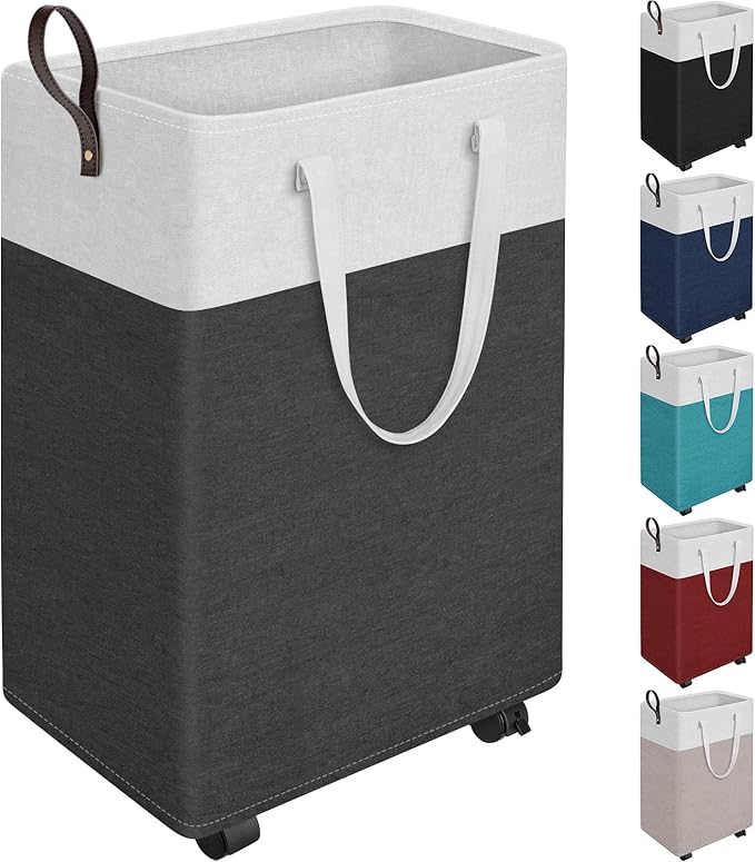 HomeHacks Laundry Basket with Wheels, Rolling Laundry Hamper, Collapsible & Waterproof Clothes Hamper, Narrow Corner Bins with Extended Handles in the Family & Dorm 90L(Grey)