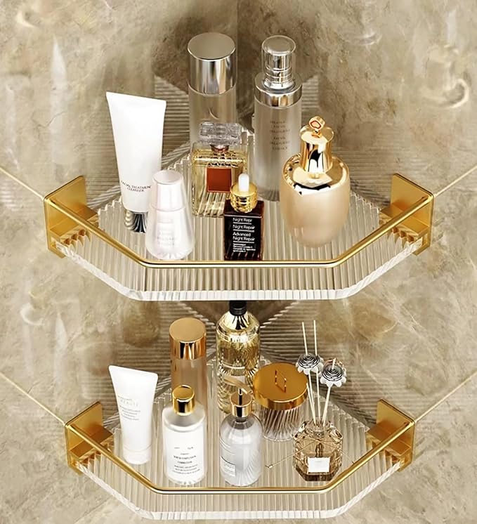 Shower Corner Caddy , 2 Pack 12" Brushed 304 Stainless Steel Organizer for Bathroom,Kitchen & Balcony, Floating Shower Wall Shelf Bath Basket Rack Heavy Duty 2 Pack (Gold,Acrylic)