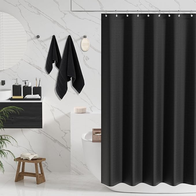 Resin Black Bathroom Sets, Black Bathroom Accessories Set with Shower Curtain, Bath Towel Set, Natural Loofah Sponge, Soap Dispenser, Toothbrush Holder, Bathroom Tumbler and Tray for Countertop