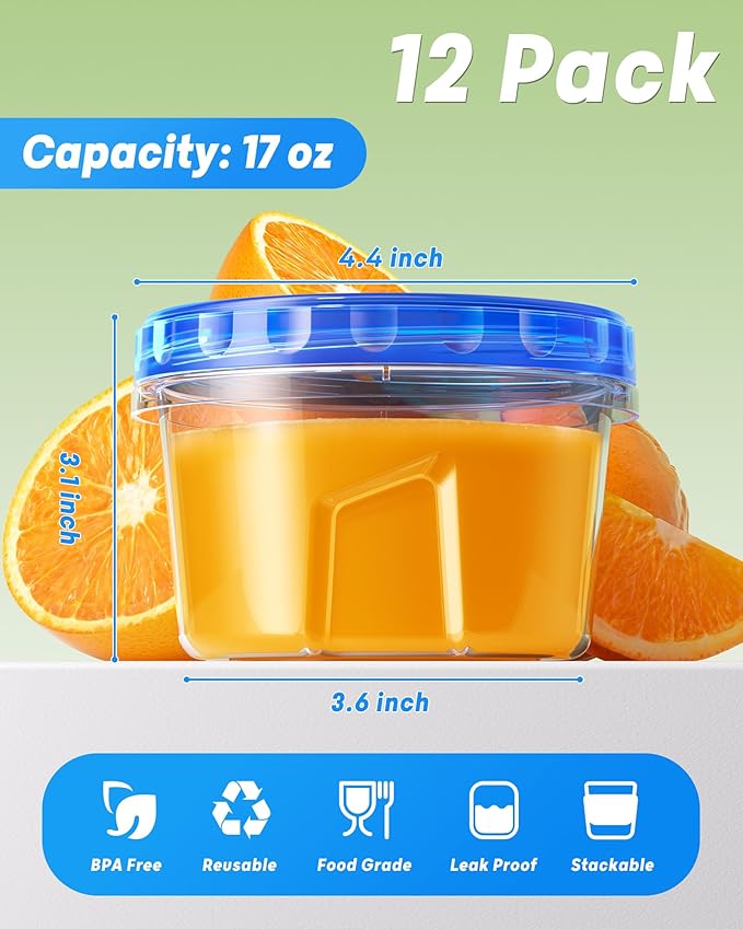 12 Pack-17oz Freezer Storage Containers, Plastic Food Storage Containers with Twist Top Lids, BPA Free and Reusable Soup Containers with Lid, Microwave and Dishwasher Safe