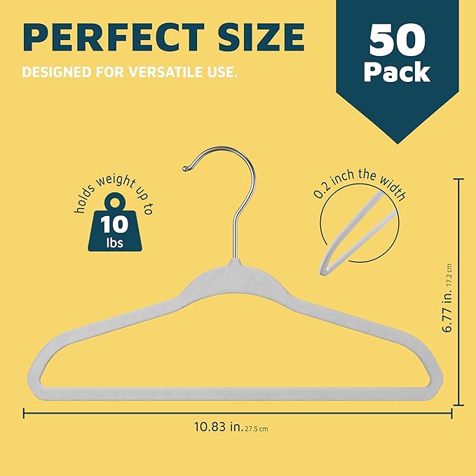 White Velvet Kids Hangers 50 Pack, 10.83" Non-Slip Baby & Toddler Hangers for Clothes, Space-Saving Slim ABS Plastic with 360° Swivel Hook & Notched Shoulders, Up to 10 lb Capacity