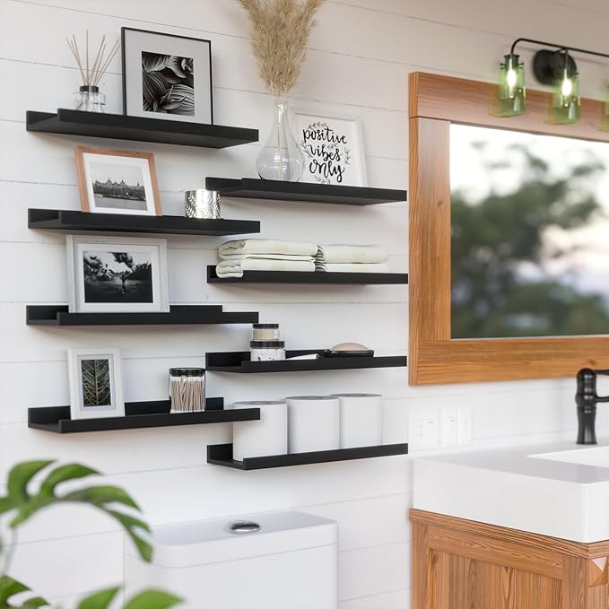 RICHER HOUSE Floating Wall Mounted Shelves, 8pc Set with Lip - Black Nursery Book Shelves for Bedroom, Bathroom, Kitchen Decor Storage