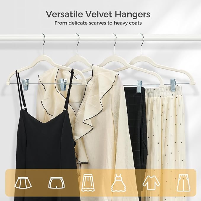 HOUSE DAY Velvet Hangers with Adjustable Clips 30 Pack, Non-Slip Suit Organizer with 360° Hook - Heavy Duty Hanger for Pants, Skirts, Blouses, Dresses - Outfit Hangers All-Season Space Saver (Ivory)