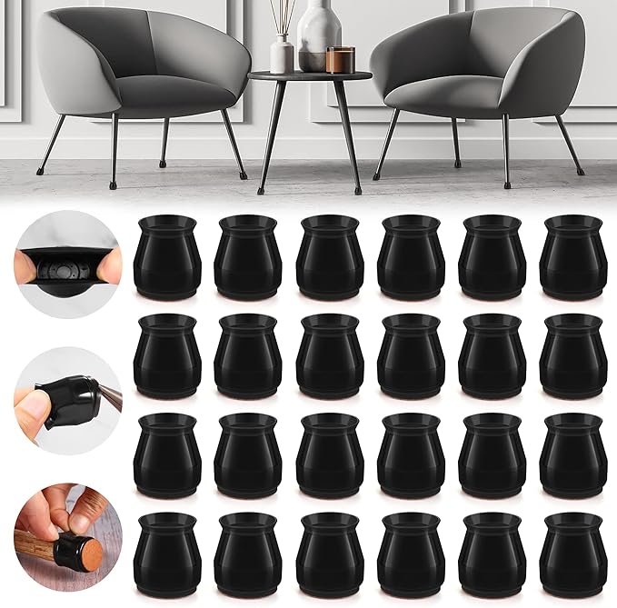 24PCS Upgraded Silicone Chair Leg Floor Protectors for Hardwood Floors, Furniture Sliders for Chair Legs, Felt Bottom Furniture Pads, Anti-Slip Round&Square Cap Covers to Scratch and Reduce Noise