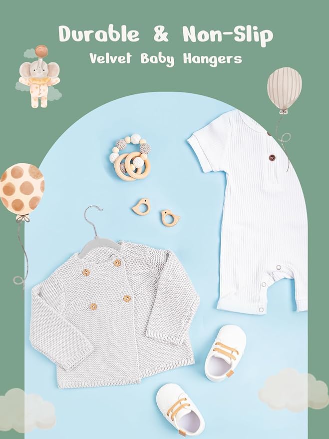 HOUSE DAY 11 Inch Velvet Baby Hangers 50 Pack Grey, Premium Kids Hangers for Children, Infant & Toddler Clothes, Durable Non Slip Small Baby Felt Hanger for Closet, Ideal for Everyday Use