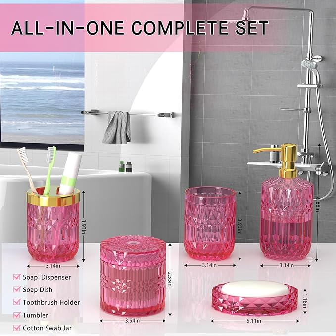 Hot-Pink Glass Bathroom Accessories Set 5 Pcs, Hot-Pink Bathroom Set, Soap Dispenser and Toothbrush Holder Set, Qtip Holder Set, Vintage Bathroom Sink Set, Cute Bathroom Decor
