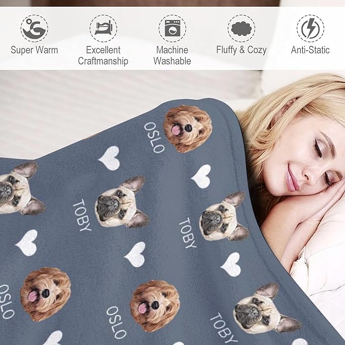 Custom Blanket with Pets Pictures & Name Personalized Funny Cat Dog Face Throw Blankets Soft Warm Plush Fleece Customized Blanket for Couch Bed Sofa Gifts for Dog Dad Mom Pet Lovers