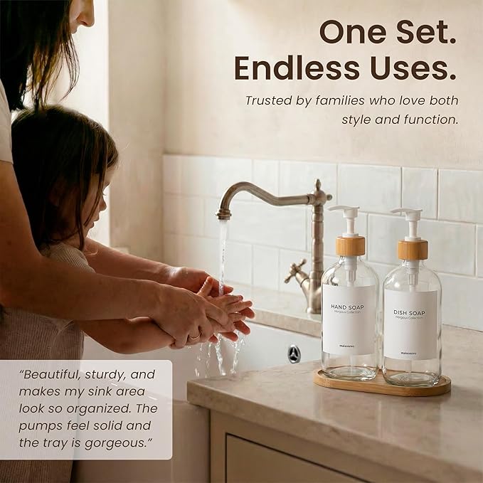 MaisoNovo Glass Dish Soap Dispenser for Kitchen Set of 2-16.9oz Clear Dish and Hand Soap Dispenser Set for Kitchen - Clear Glass Bottles x 2 with White Bamboo Pumps & Tray