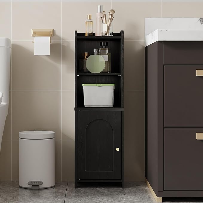 Bathroom Storage Cabinet, Corner Floor Cabinet with Doors and Adjustable Shelf, Narrow Toilet Paper Cabinets, Bathroom Organizer for Small Spaces, Black BC39704X
